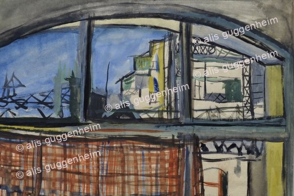 Aussicht aus Fenster mit Vorhang