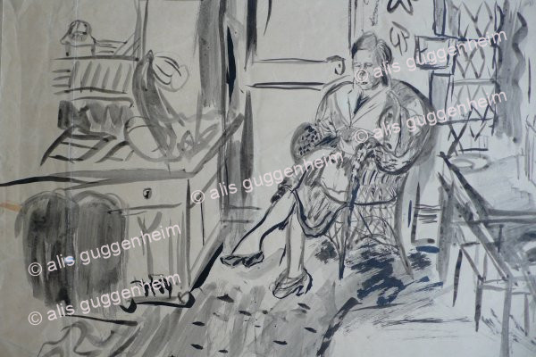 Frau in Korbstuhl sitzend in Interieur