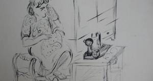 Sitzende nähende weibliche Figur