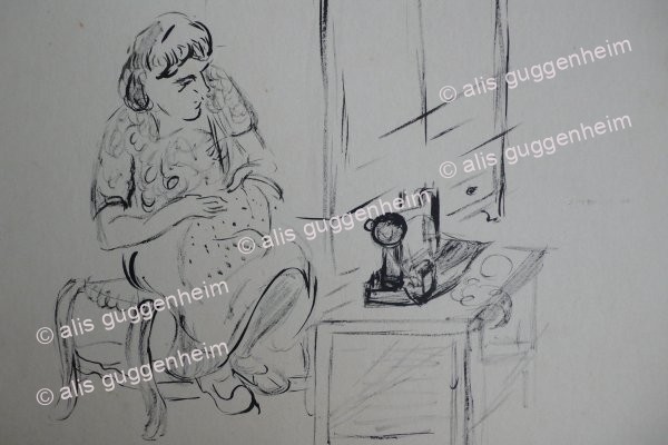 Sitzende nähende weibliche Figur